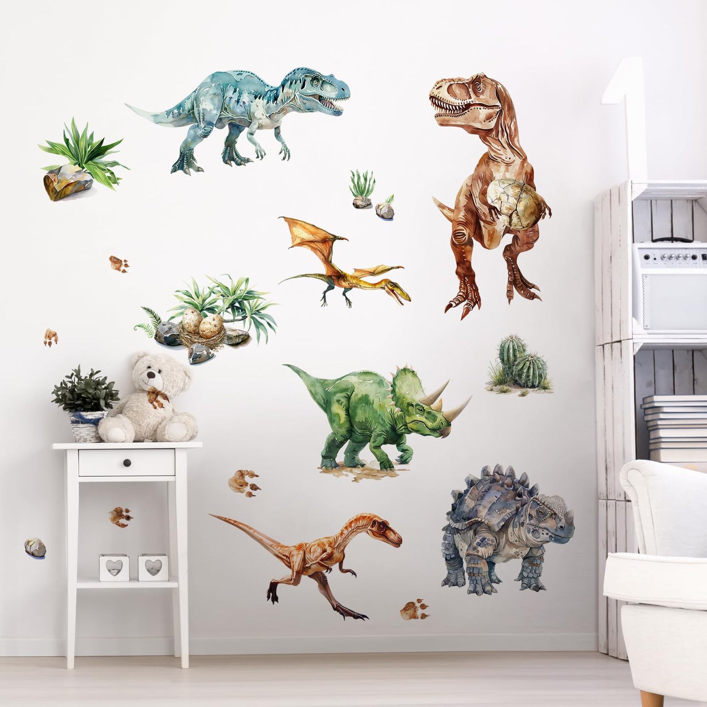 Supzone Dinosaur Wall Decals, Large Dino Wall Stickers Volcano Tropical Plants Cactus Peel and Stick Art Decoration for Boys Girls Kids Classroom Bedroom Toddler Playroom Nursery Room