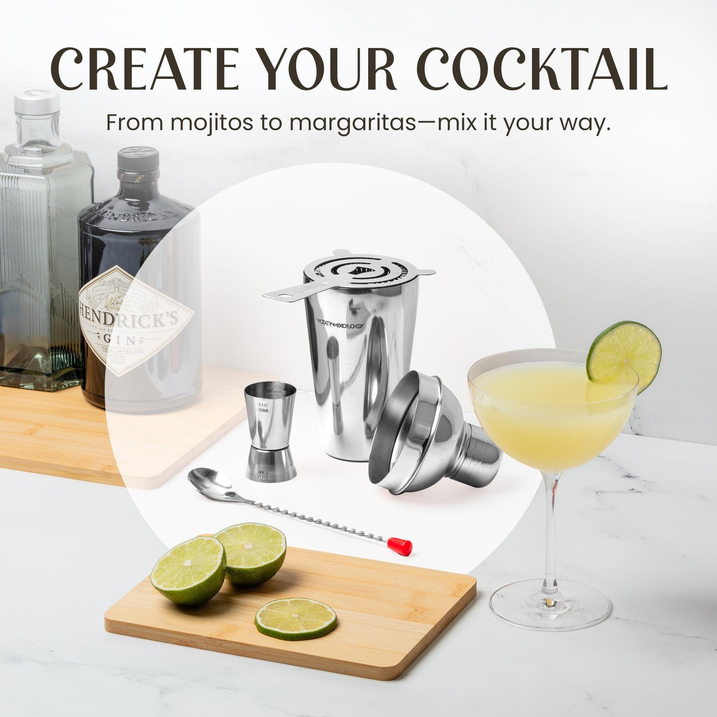 Modern Mixology Cocktail Shaker Set - Bartender Kit with Pine Stand | Leak-Proof Design | Includes Martini Shaker, Jigger, Strainer, Spoon, Tongs | Perfect Bar Tools Gift for Home Mixology (Silver)