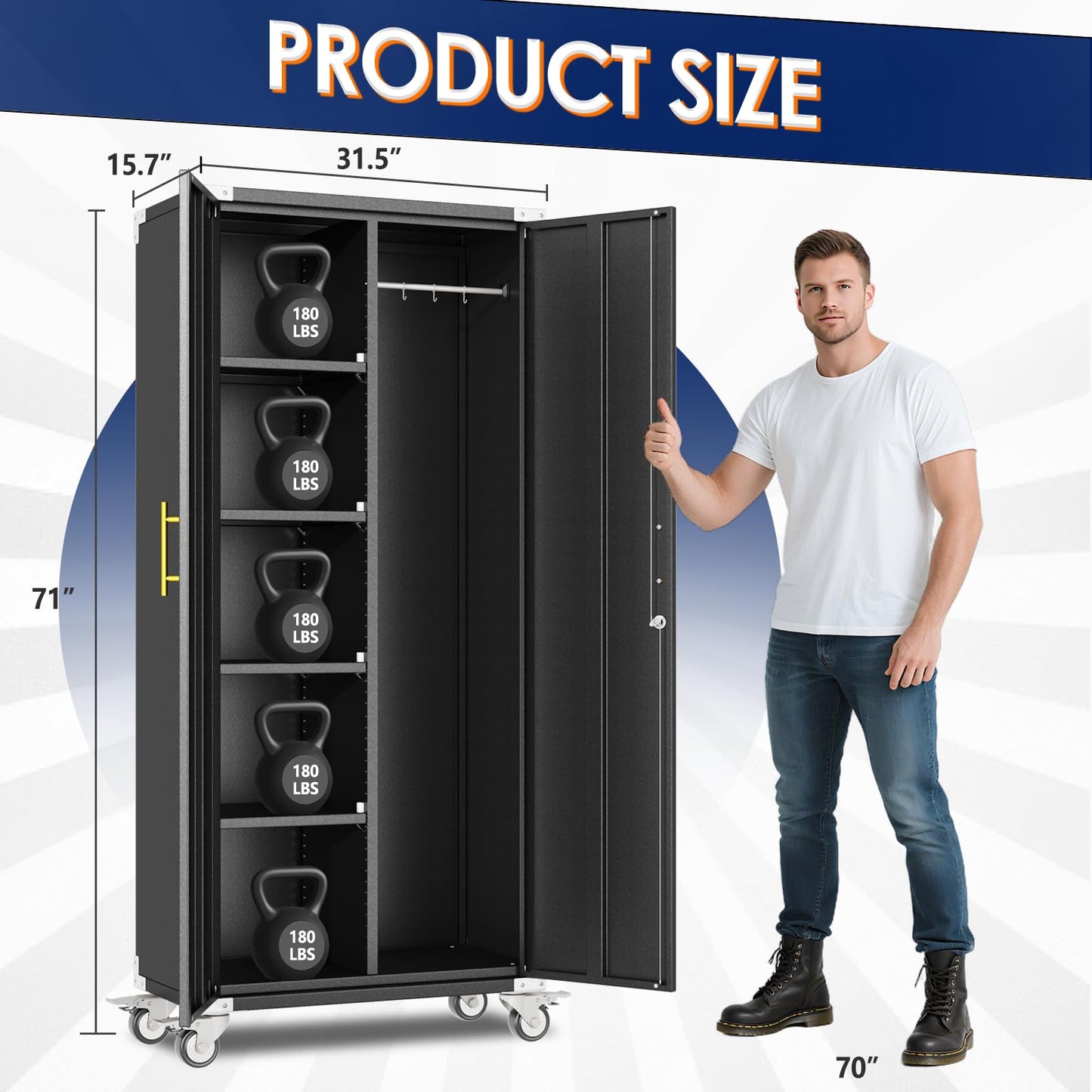erosoei 71" Broom Storage Cabinet, Cleaning Tool Storage Cabinet, Garage Utility Storage with Hooks and Hanging Rods, Heavy Duty Garden Tool Organizer, for Home, Garage, Laundry Room, Gym, Workshop.
