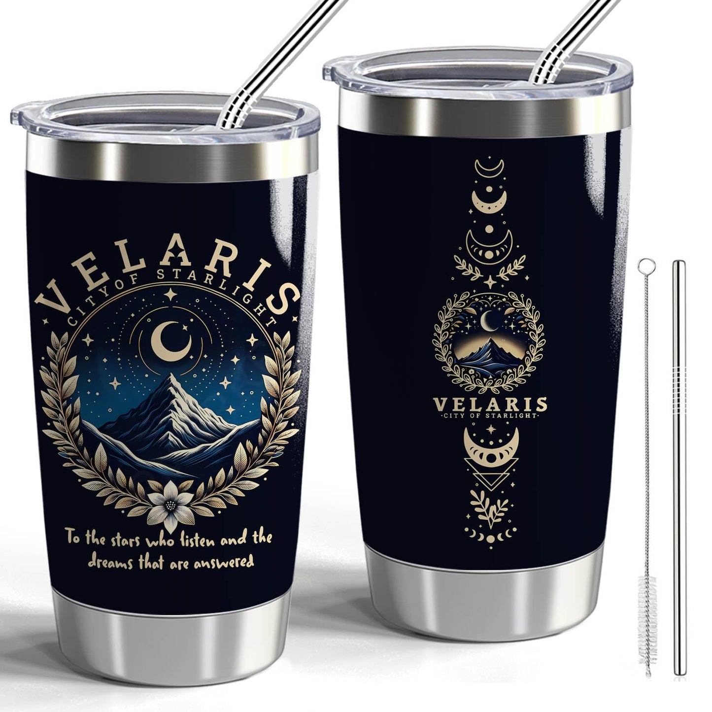 CWEGSJ Velaris City of Starlight 20oz Stainless Steel Tumbler with Lid and Straw Acotar Gift Bookish Tumbler Acotar Coffee Mug (Black-VELARIS City)