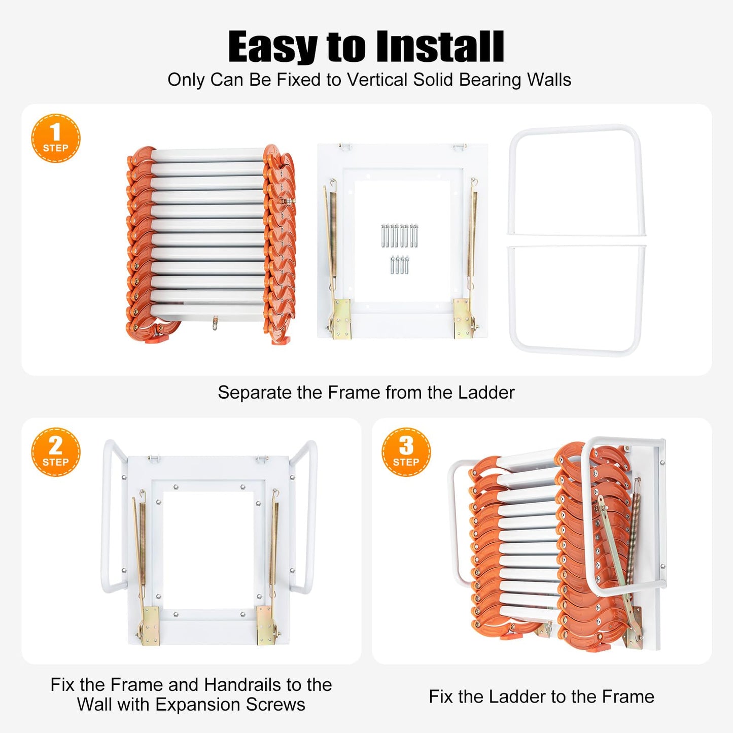 12 Steps Wall Mounted Attic Loft Ladder, Alloy Retractable Telescoping Ladder with Handrails, Folding Ladder Loft Stairs 880lbs Capacity, Attic Pull Down System for Height 9.5-10.17ft, Orange
