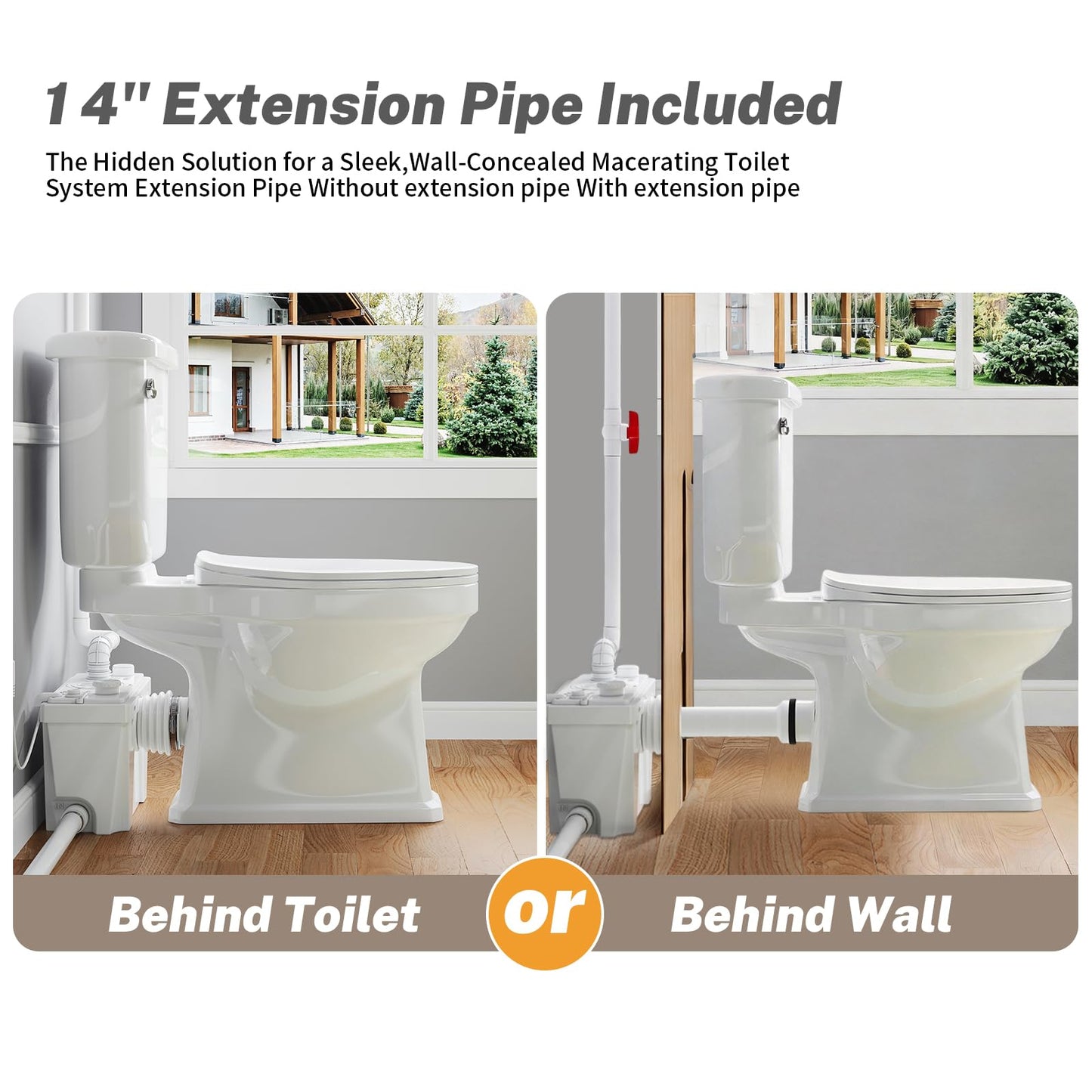 Macerating Toilet with Pump, Two-Piece Upflush Toilet For Basement, Powerful & Quiet Macerating Pump System With 4 Water Inlet, 23Ft Vertically, Elongated Bowl