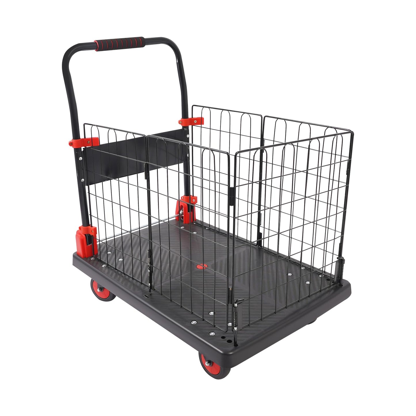 660LBS Capacity Platform Truck Cart with Cage, Foldable Heavy Duty Hand Truck with Wheels Multipurpose Portable Flatbed Cart Removable Cage Cart for Yard, Office and Store