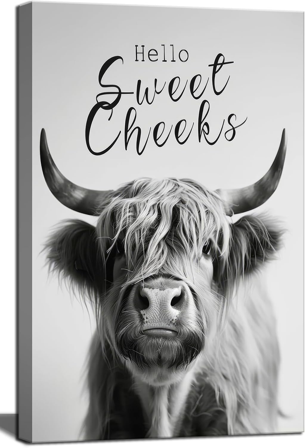 Skiennix Funny Highland Cow Wall Art - Black & White Bathroom Decor | 16x24in Framed Print