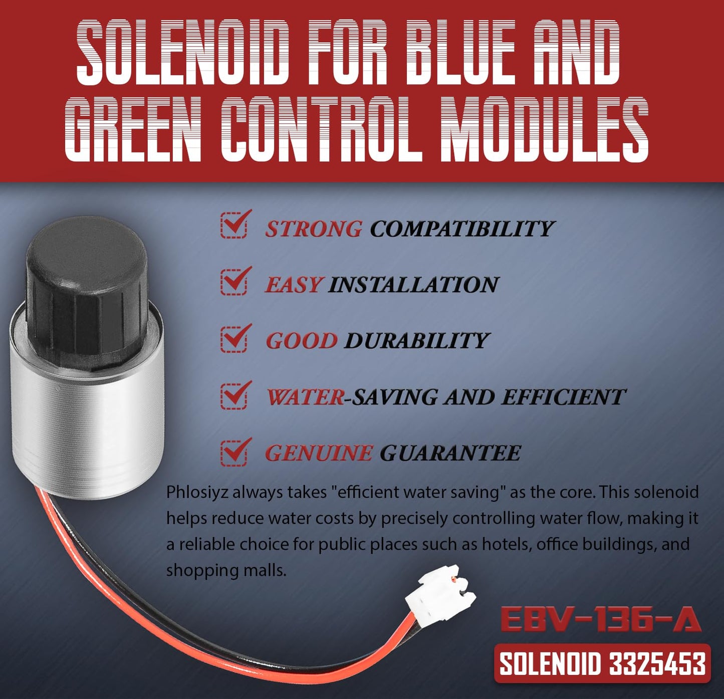3325453 EBV-136-A 3325453 EBV-136-A Solenoid Compatible with Sloan G2/ECOS/Solis Series | Blue & Green Control Modules | For Urinal & Water Closet Sensor Flushometers (5 Pieces/Set)