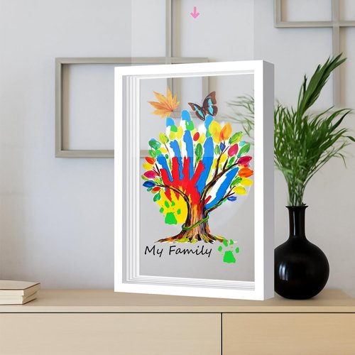 Family Handprint & Hand Casting Kit – DIY Craft Keepsake with Wooden Frame, Non-Toxic Paints, Baby Footprin Kit – Perfect Gifts for Grandparents, New Parents & Families (White, 4 Transparent Sheets)