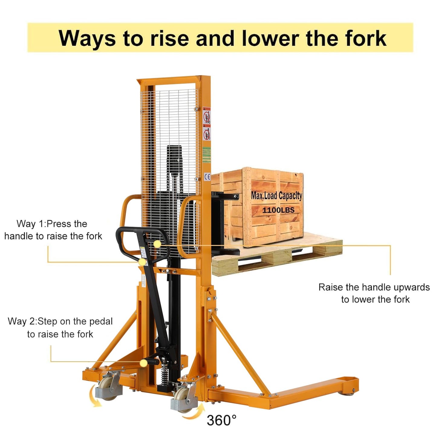 APOLLOLIFT 2 Pices Manual Forklift Pallet Stacker Lift Stacker Straddle Legs 1100lbs Capacity 63inch Max.Lifting Height Adjustable Forks
