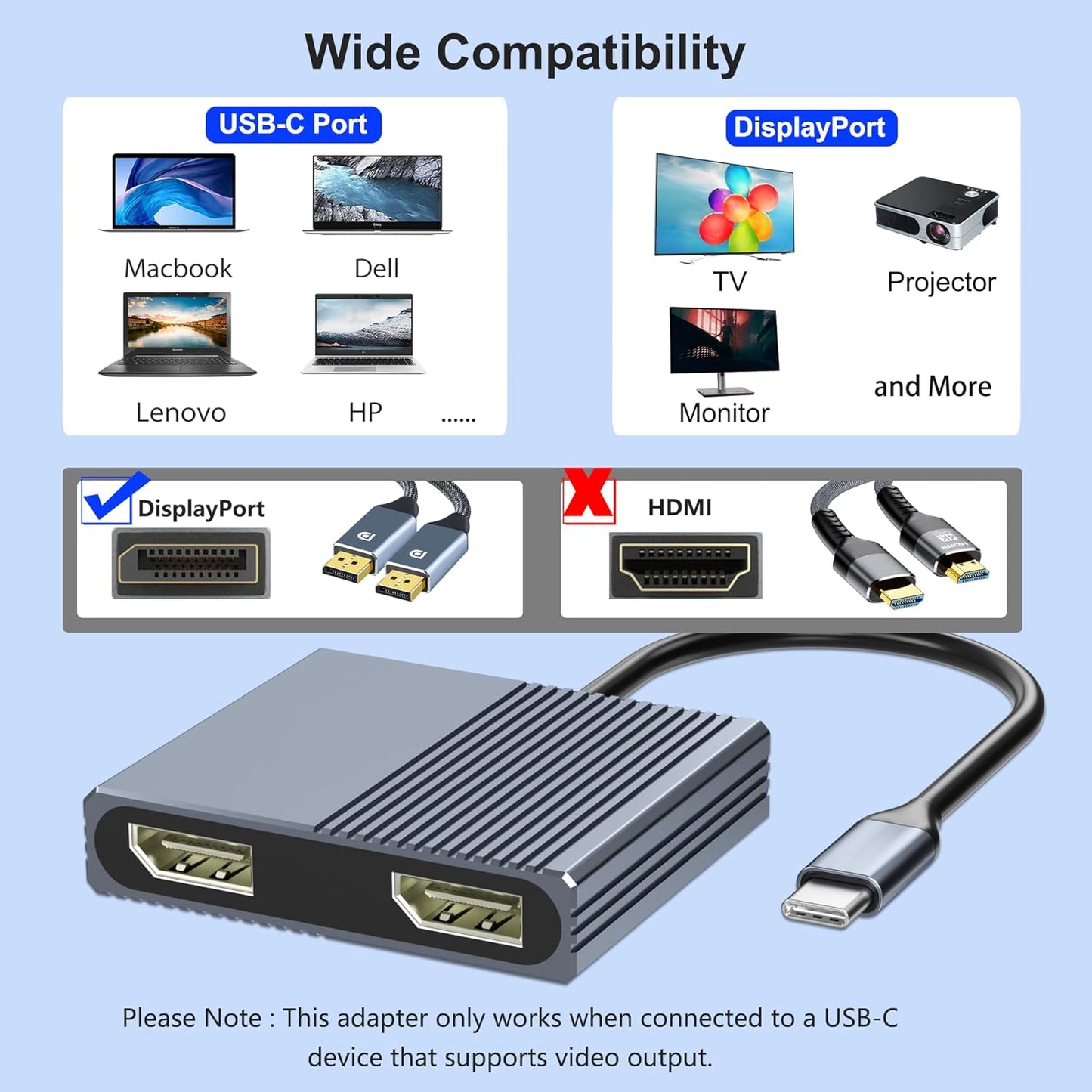Movcle 4K@60Hz 1 2 USB C to Dual Displayport Adapter for Mac/Dell/HP Laptop, Displayport Splitter in Out for Dual