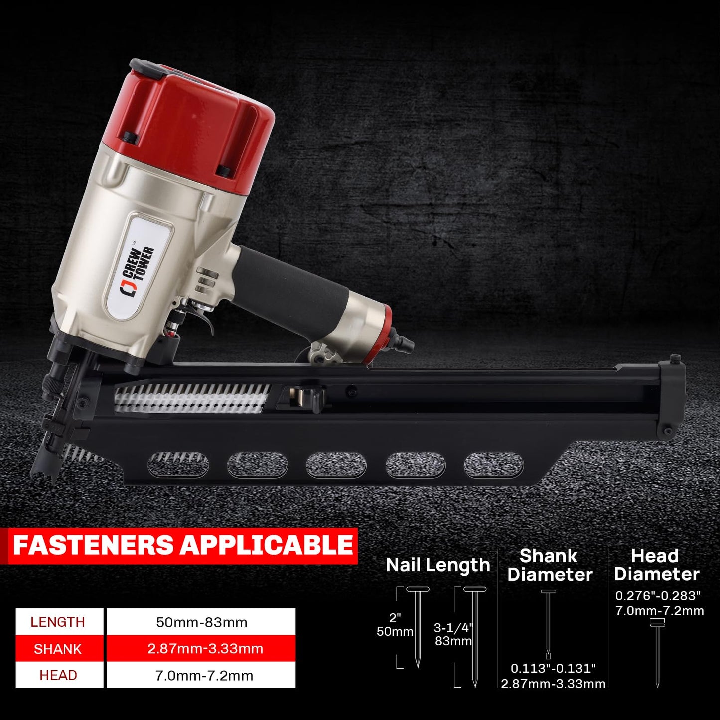 CREWTOWER 21 Degree Framing Nailer for Contractors - Pneumatic Nail Gun 2 Inch to 3-1/4 Inch for Framing, Sheathing and Roofing - Lightweight 8.6 lbs with Tool-Free Depth Adjustment - SRN9021