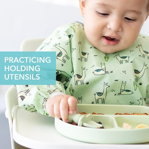 Bumkins Baby Utensils Set - Chewtensils Silicone Spoons & Fork for Self-Feeding | Sage Green, 6 Months+