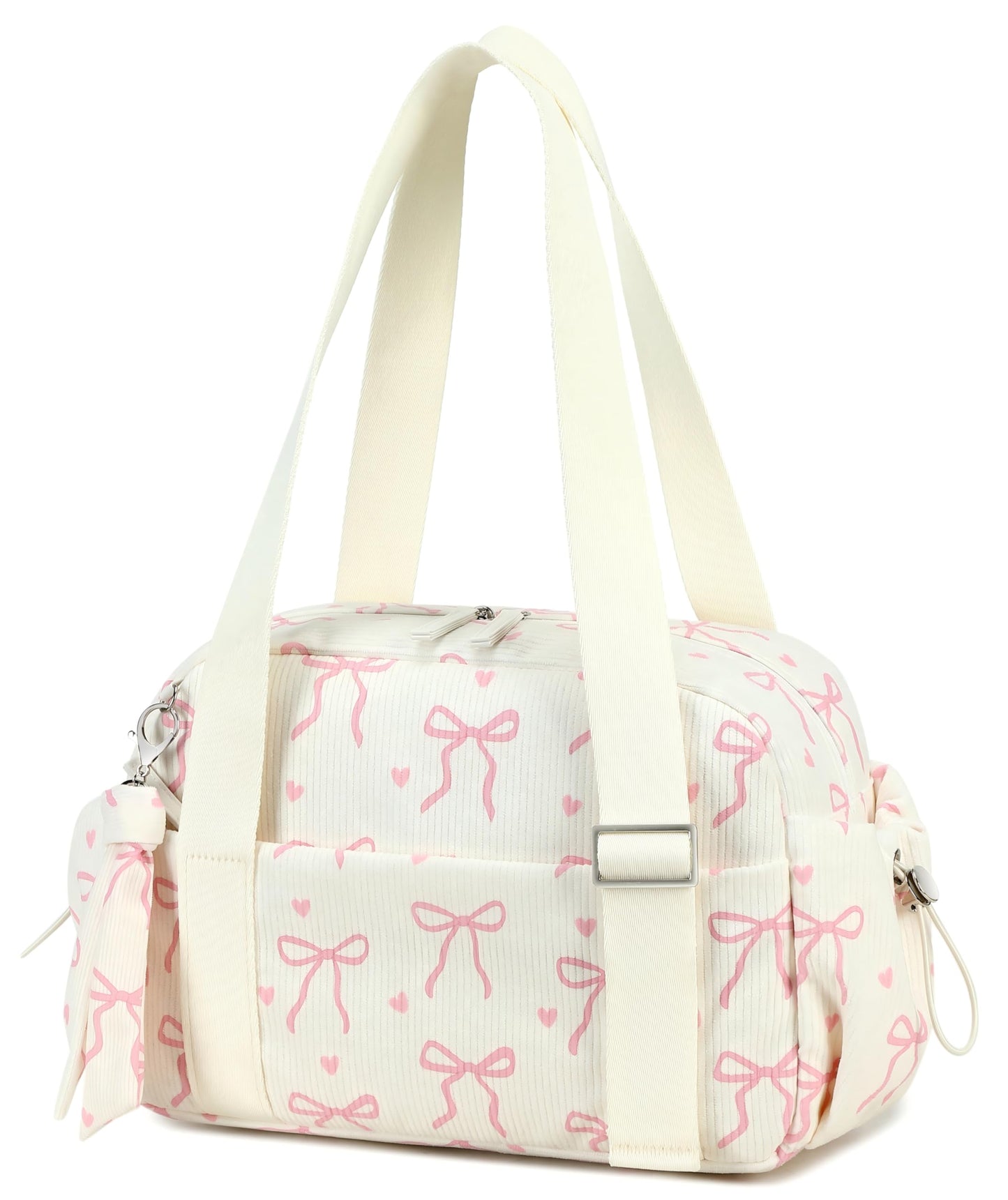 LOIDOU Mini Gym Bag for Women Girls, Small Corduroy Sports Duffel with Wet Pocket and Adjustable Strap, Cute Bow Workout Yoga Dance Tote, Travel Carrying Fits Shoes (Pink Bow-Beige)