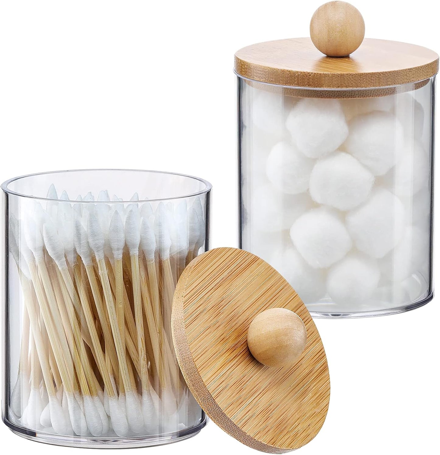 Qtip Holder Dispenser by [Brand Name] - 10 oz Clear Plastic Apothecary Jar with Bamboo Lids | Stylish Vanity Organizer for Cotton Swabs and Pads