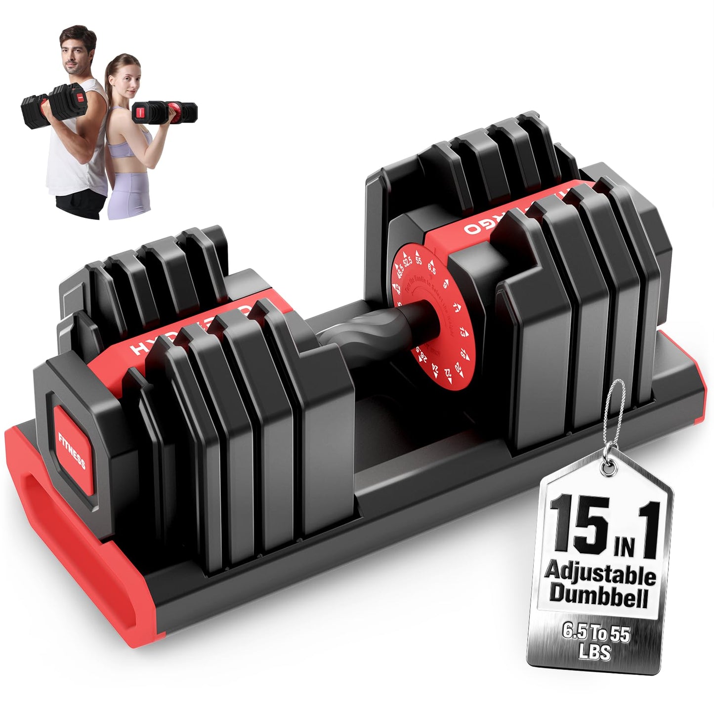 HXD-ERGO 15 IN 1 Adjustable Dumbbell Set/Single, 1-Second Quick Change Weights, 55/110 LBS Free Weights Adjustable Dumbbell with Anti-Slip Grip & Secure Lock, Space-Saving Home Gym Equipment for Men/Women Full Body Workout (Single, 55LBS)