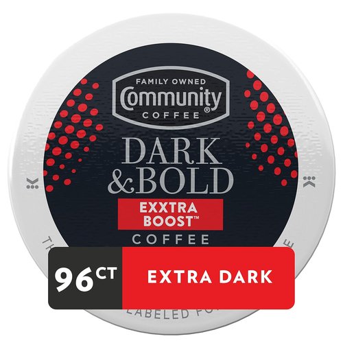 Community Coffee Dark & Bold Extra Boost Coffee Pods - 96 Count for Keurig 2.0 | Pack of 4