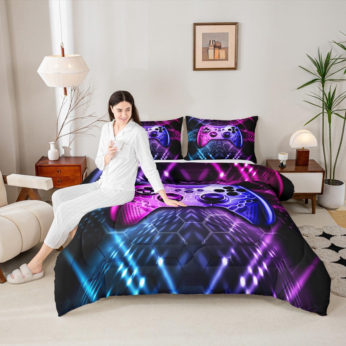 Castle Fairy Teens Gamepad Comforter Set,Modern Gamer Reversible Down Comforter Twin Size for Kids Boys Children Youth,Video Game Bedding Set Player Gaming Duvet Insert for Bedroom,Blue Pink