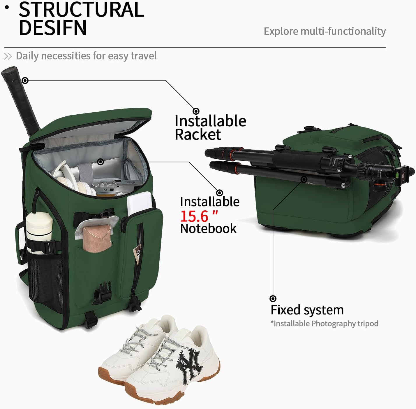 Backpack 4-Way Kalesi Gym Duffle Tennis Bag Waterproof with Shoes Compartment for travel Sport Hiking laptop (Forest
