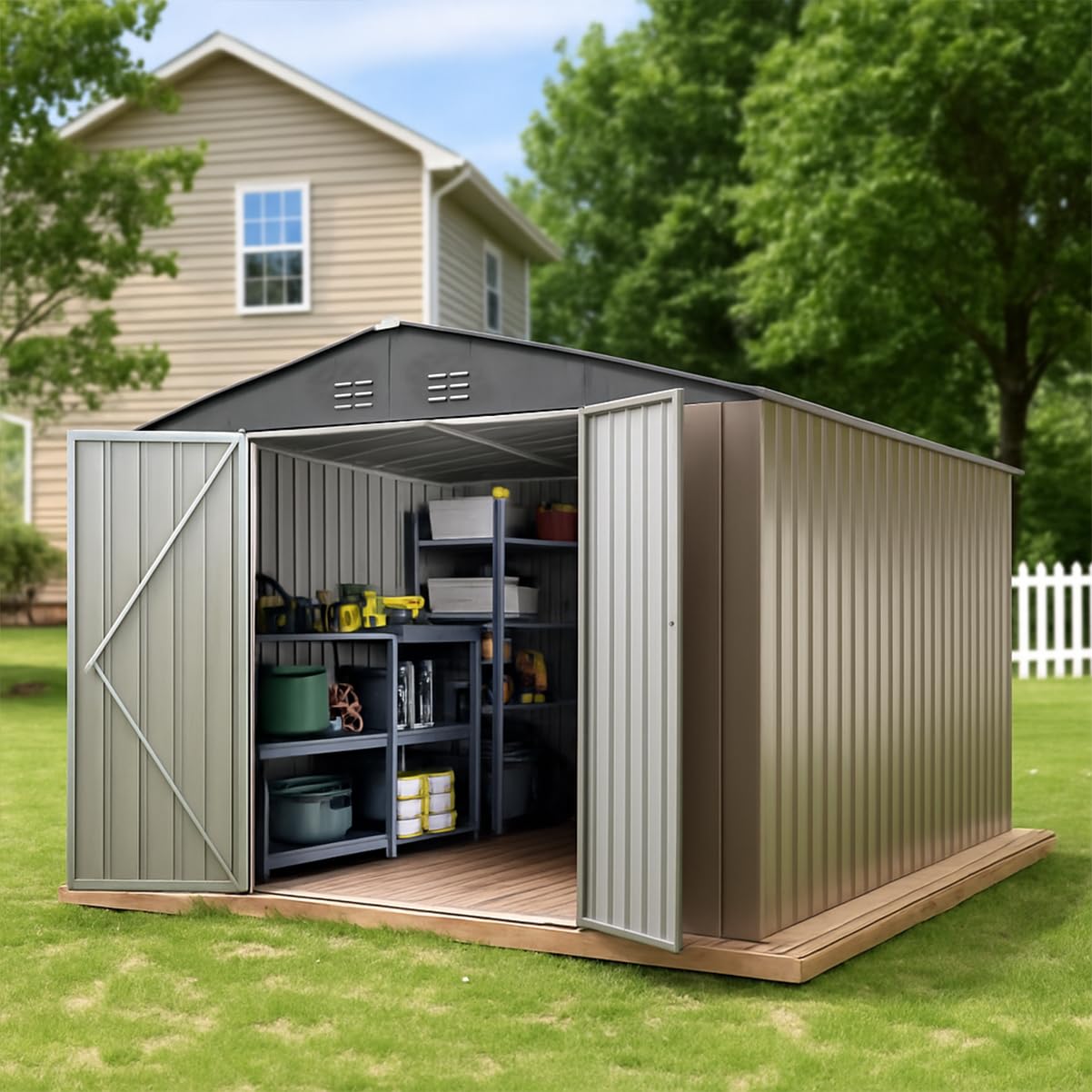 8 x 12 FT Outdoor Storage Shed, Metal Garden Shed with Updated Frame Structure, Tool Sheds for Backyard Garden Patio Lawn