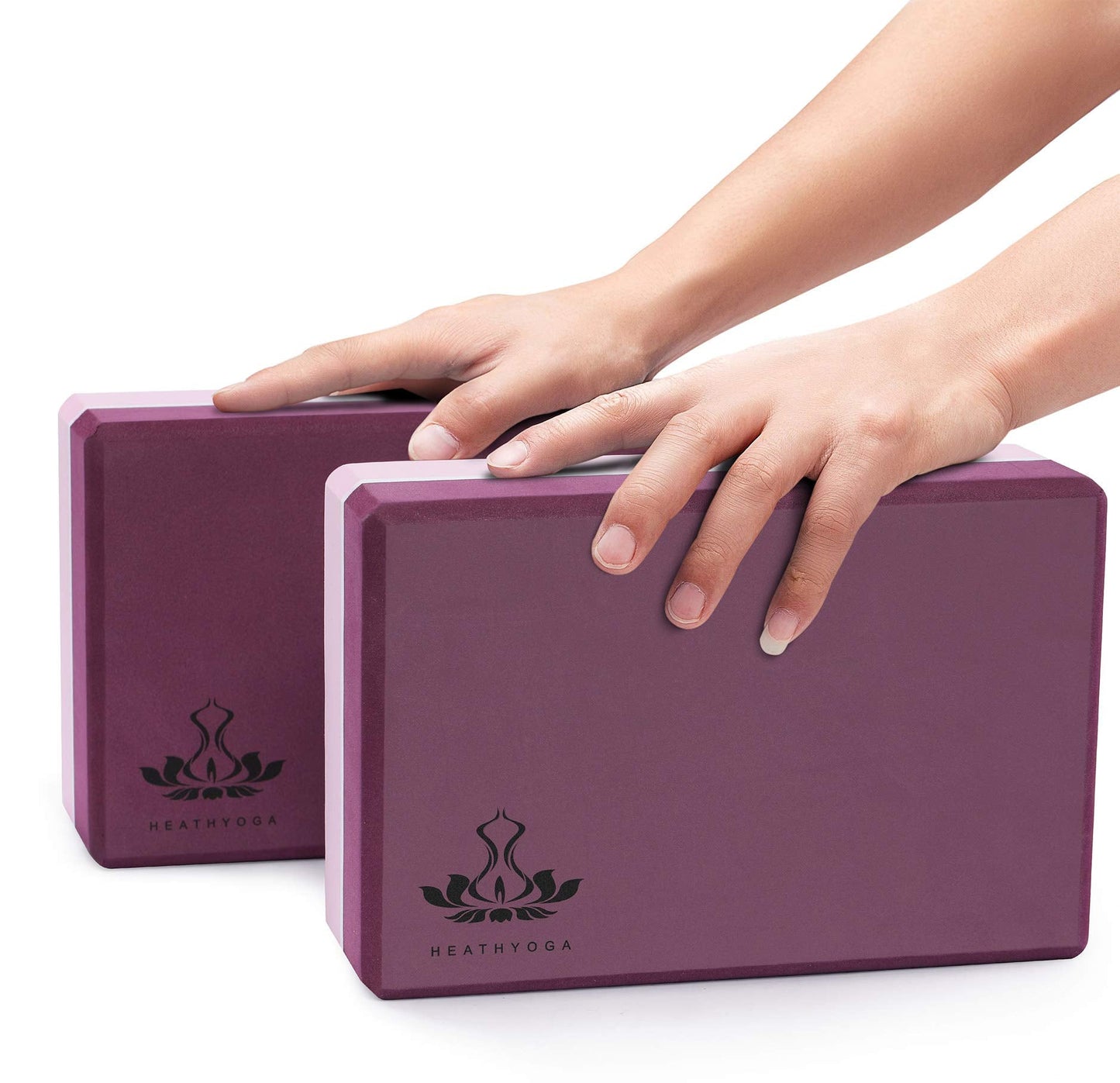 Heathyoga Yoga Blocks 2 Pack with Strap, High Density EVA Foam Yoga Block and Yoga Strap Set to Support and Improve Poses and Flexibility (Purple)