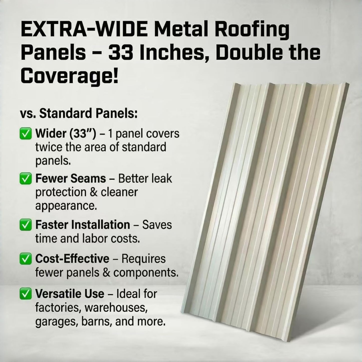 Extra-Wide Coverage Metal Roof Panels (62"x33") Corrugated Galvanized Steel with Screws Waterproof for Warehouse Industrial Shed Garage Patio Roofing 8 Pcs Ivory