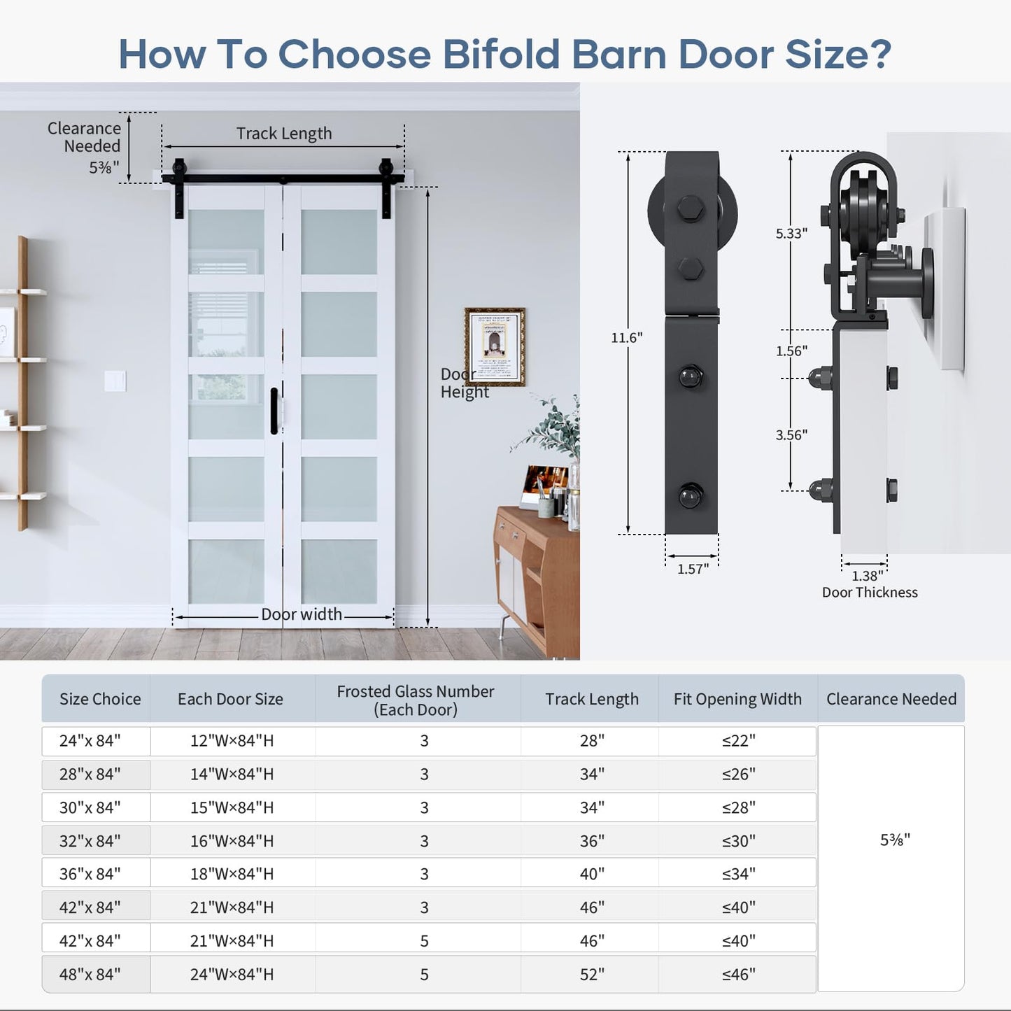 EaseLife 42"x 84" (Double 21" x 84") Bifold Barn Door, Bifold Sliding Barn Door with Hardware Kit, Solid MDF Wood Slab Covered with Water-Proof PVC Surface, 5 Frosted Glass Panels, Assembly Required