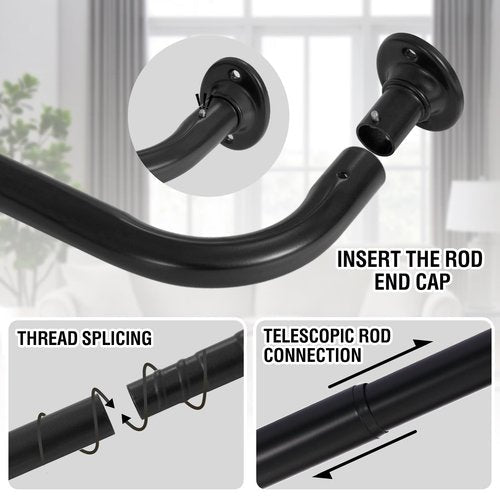 H.VERSAILTEX Wrap Around Black Curtain Rod for Windows 18.5 to 88.5 Inch, 3/4 Inch Adjustable Heavy Duty Blackout Curtain Rods Telescoping Curved Drapery Rods for living room Inoor/Outdoor