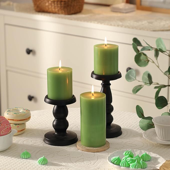 3x4 Inch Green Pillar Candles Set of 3 - Decorative Unscented Pillar Candle, Long Burning Dripless Candle for Table Decor, Smokeless Large Pillar Candles for Wedding Table Decor