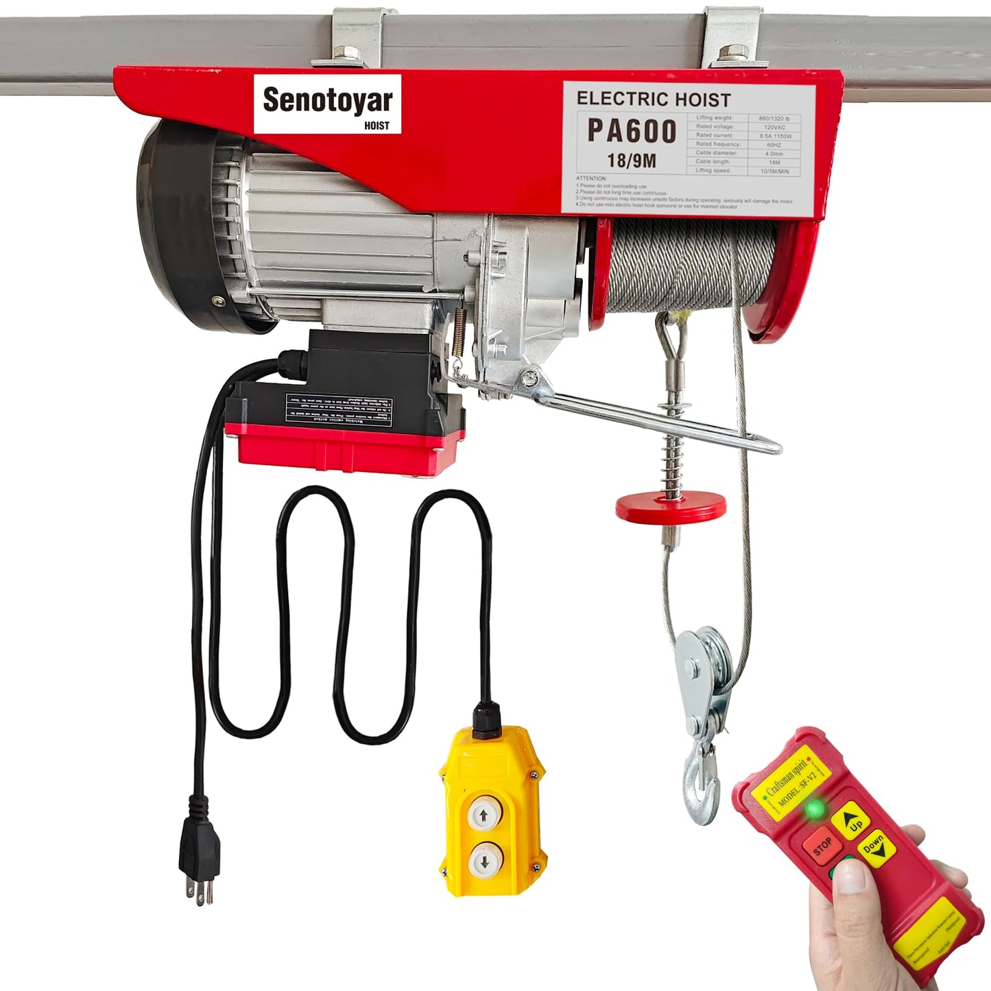 Electric Hoist 2 in 1,1320lbs Electric Hoist Winch with 98ft Wireless Control&Wired Remote Control,110v Electric Hoist 59ft/29.5ft Lifting Height for Garage Warehouse Factory,Single/Double Slings
