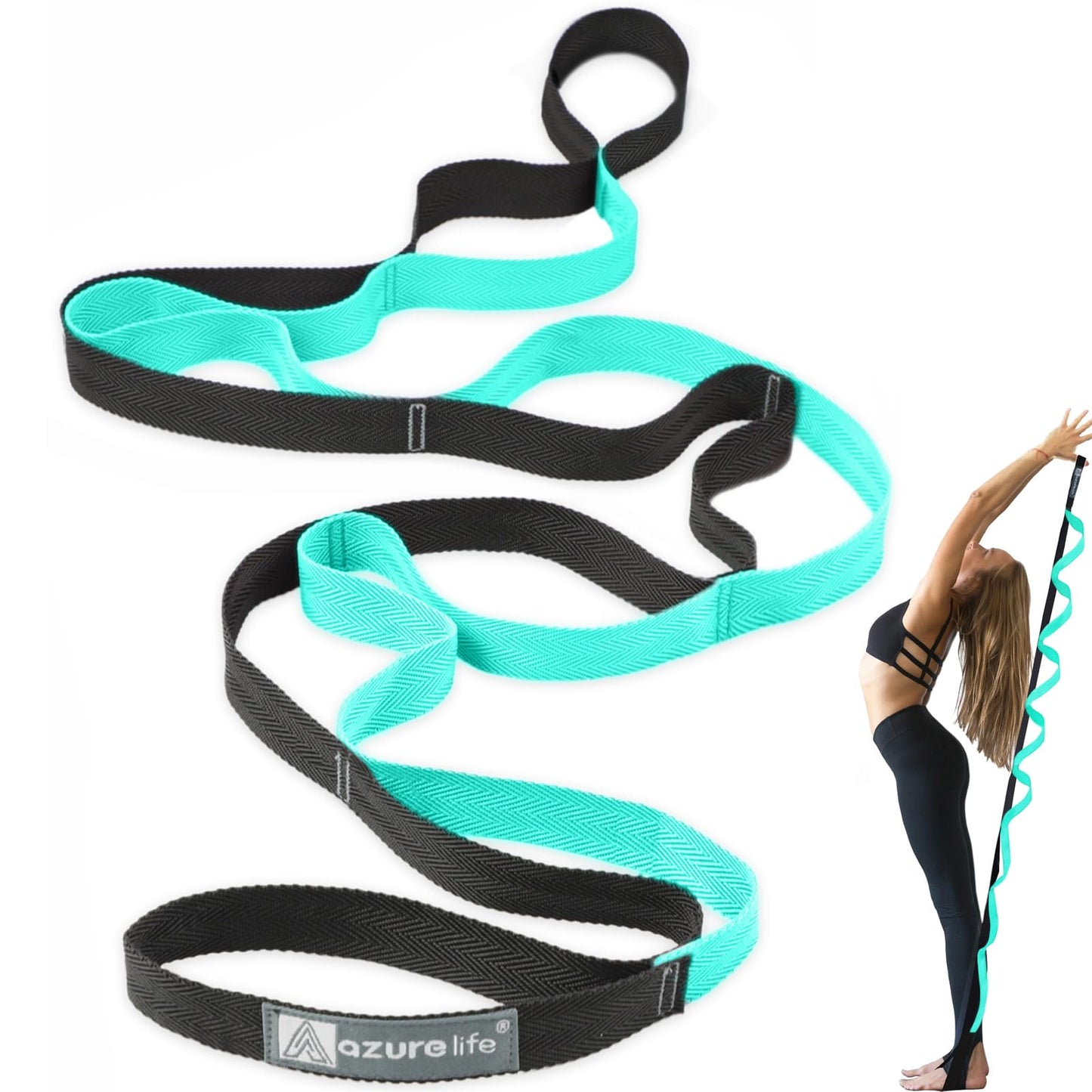 A AZURELIFE Premium Durable Cotton Stretch Strap with 10or12 Loops,Loops, Non-Elastic Yoga Strap for Stretching, Multi-Loop Fitness Stretch Band for Physical Therapy, Yoga, Pilates&Dance (Green - 12