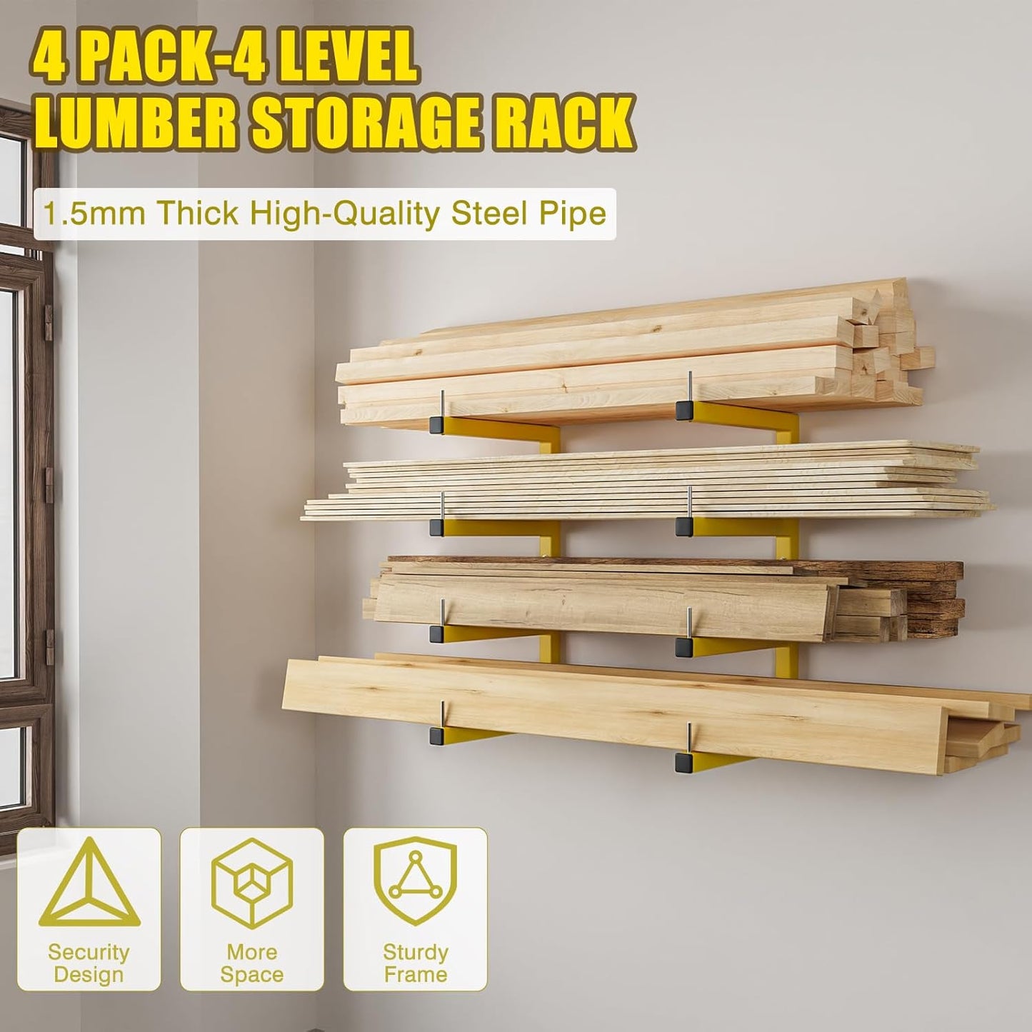 Skiennix Lumber Storage Rack - Heavy Duty Wall-Mounted Organizer | 8-Level System, Holds Up to 1600 Lbs, Yellow