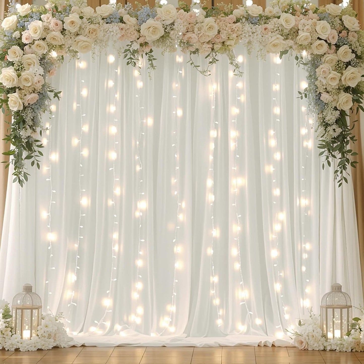 Shillance 10x10ft Cream White Chiffon Backdrop Curtain with Lights String for Wedding Sheer Tulle Curtain Photo