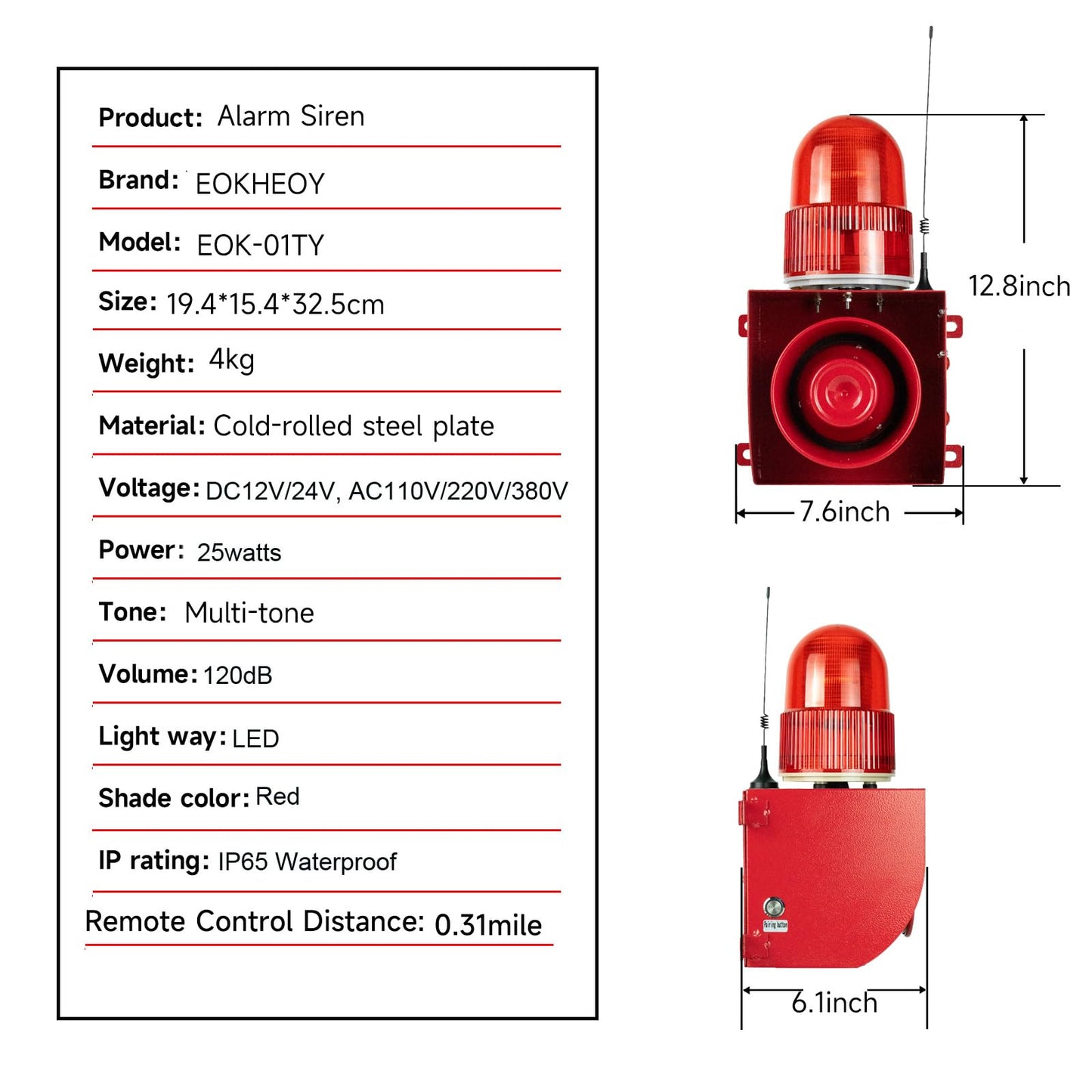 EOKHEOY Outdoor Security Siren Alarm 1.24 Mile Range Wireless 120dB Loud Waterproof Emergency Alarms with Strobe Light Adjustable Siren Sounds AC110-120V