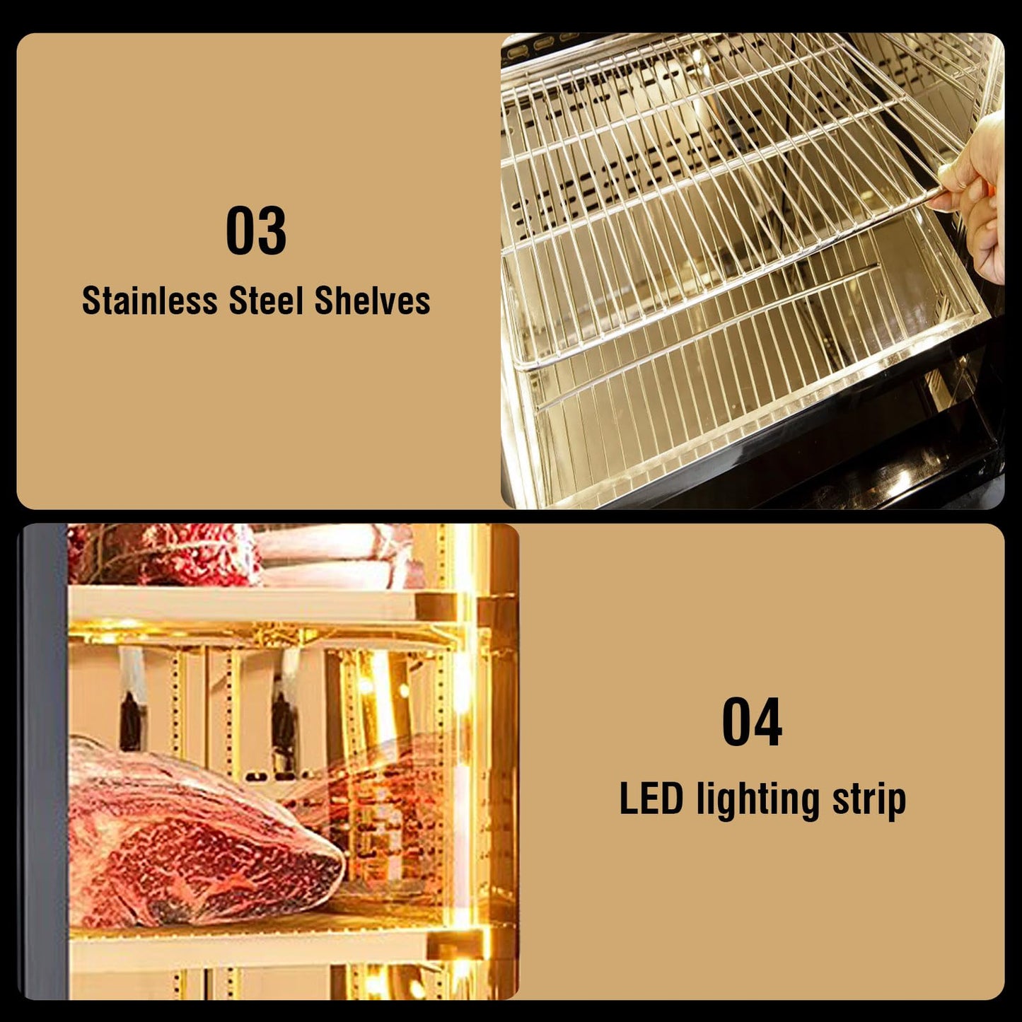 Kolice Commercial Beef Aging Showcase Freezer, Dry Aging Beef Fridge and Cabinet, Steak Aging Machine,Commercial Steak Ager-168L, 3 Tiers, Smart Temperature and Humidity Controller