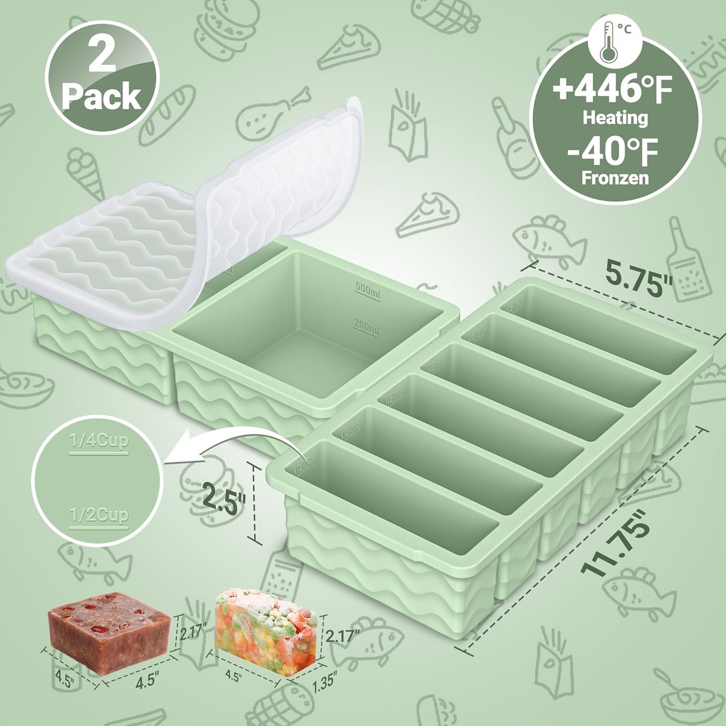 Skiennix Silicone Freezer Trays - 2-Pack with Lid for Meal Prep | 2 Large 2-Cup & 6 Small 1/2-Cup