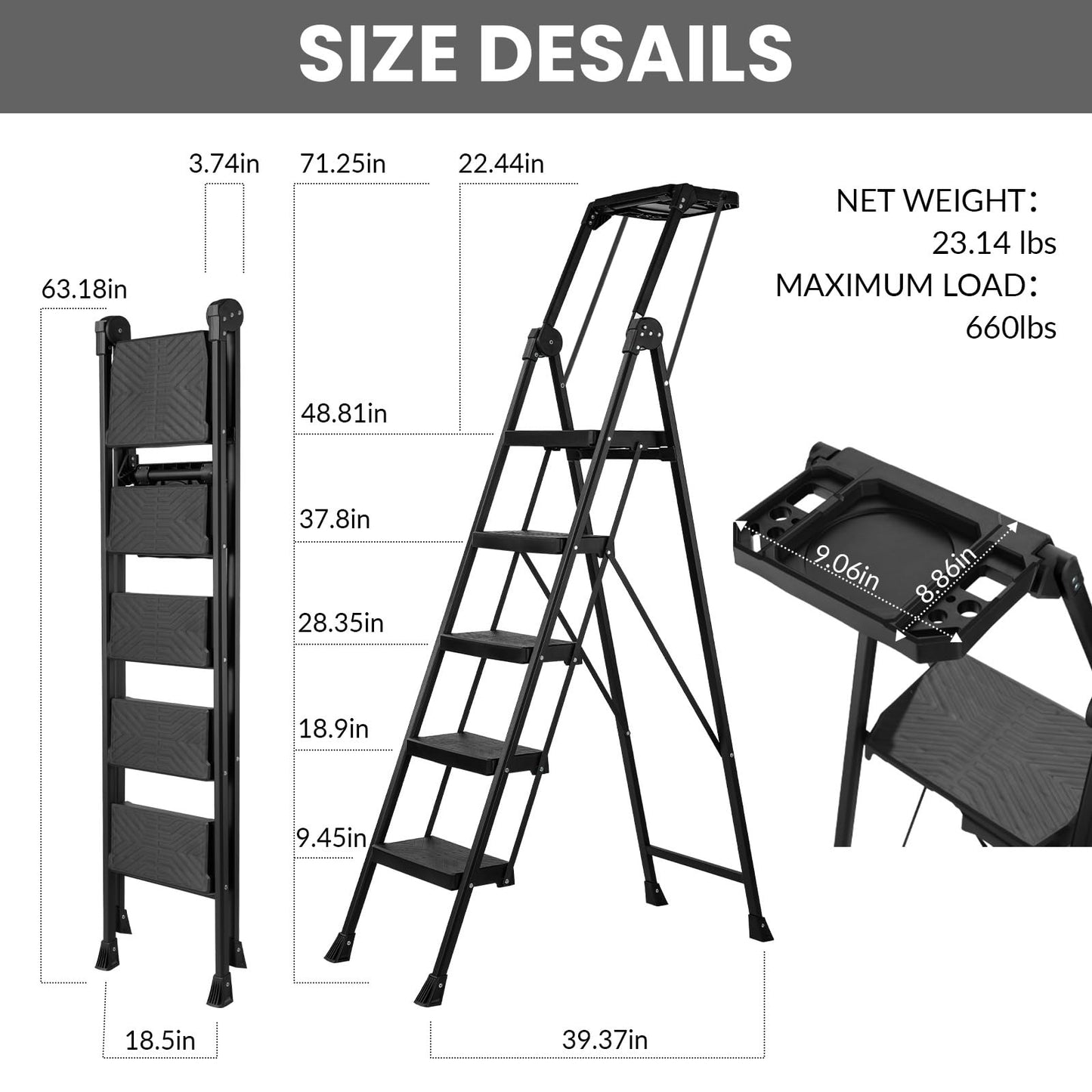 XinSunho 5 Step Ladder, Foldable Handrail & Tool Tray Stool Ladders with Anti-Slip Wide Pedal, 660 lbs Sturdy Steel Ladder for Home Kitchen and Outdoor