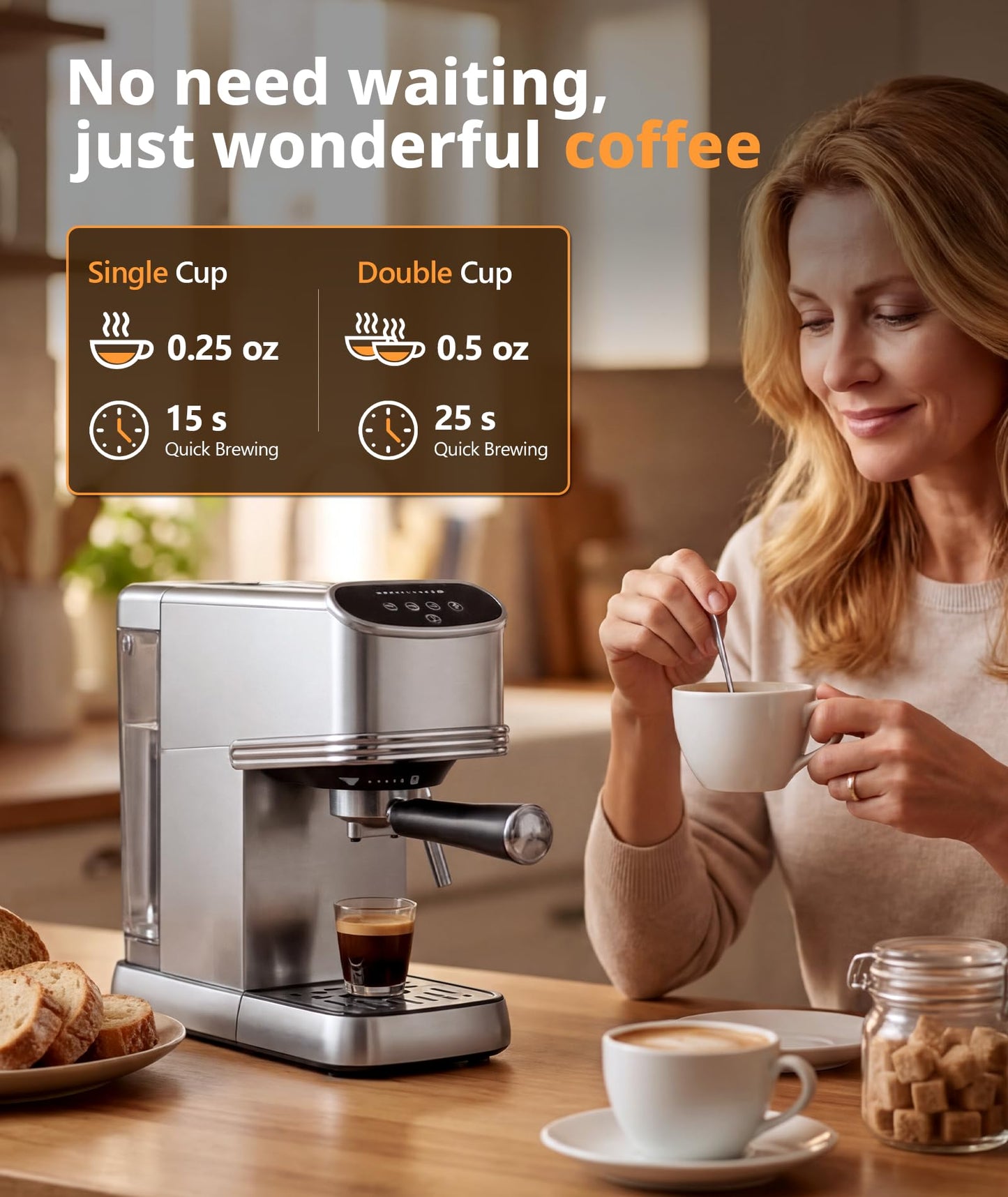 Electactic 20 Bar Espresso Machine, Compact Semi-Automatic Coffee Maker with Steam Frother & Instant Heating System, 45oz Removable Water Tank, for Cappuccino, Latte, Cold Brew, Stainless Steel