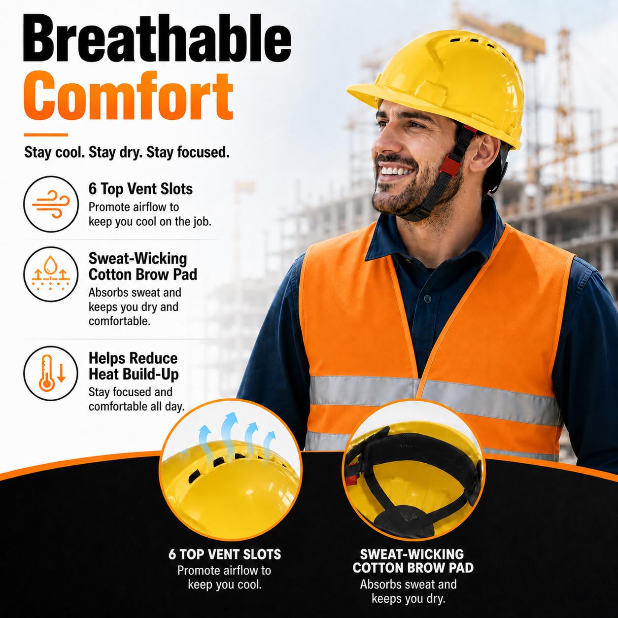 4 Pt. Suspension Hard Hat with Safety Vests Bulk Safety Helmets Adjustable Ratchet Hard Hats, Vents & Sweat Cotton Brow Pad - ABS Construction Helmets for Work Sites & Outdoor Labor (Yellow, 20 Set)