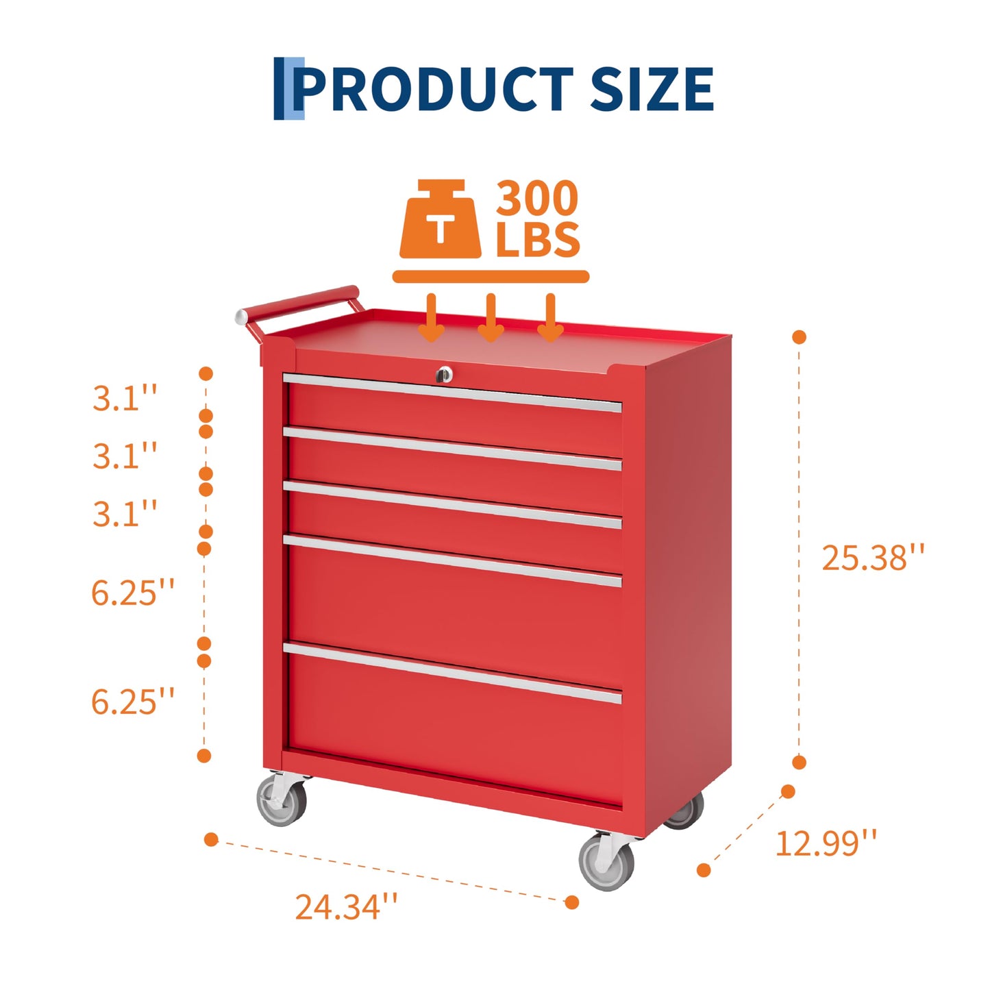 PeakPursuit 5-Drawers Rolling Tool Chest, Portable Tool Box with Wheels and Lock System, Secure Storage Cabinet for Warehouse, Workshop, and Repair Shop, Red
