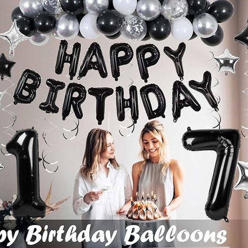 17 Balloon Numbers by [Brand Name] - Happy Birthday Foil Banner & Silver/Black Star Balloons
