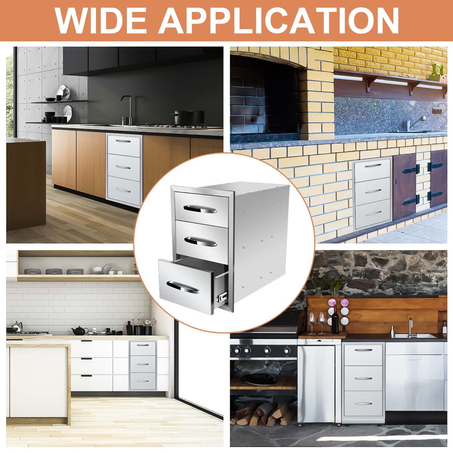 KODOM Outdoor Kitchen Drawers 14'' W x 21'' H x 21'' D, Flush Mount Triple Access BBQ Drawers for Outdoor Kitchens or BBQ Island Patio Grill Station, Silver