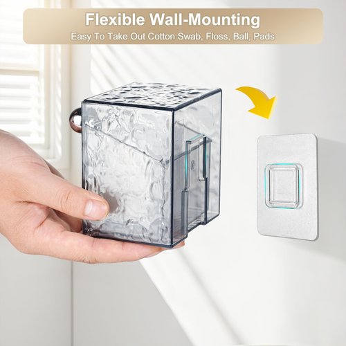 IWNTWY Qtip Holder Dispenser, Wall Mounted Plastic Cotton Pad Holder, Cotton Ball, Swabs, Floss, Makeup Organizers Containers for Vanity Bathroom (Transparent Gray, 2 Pcs)