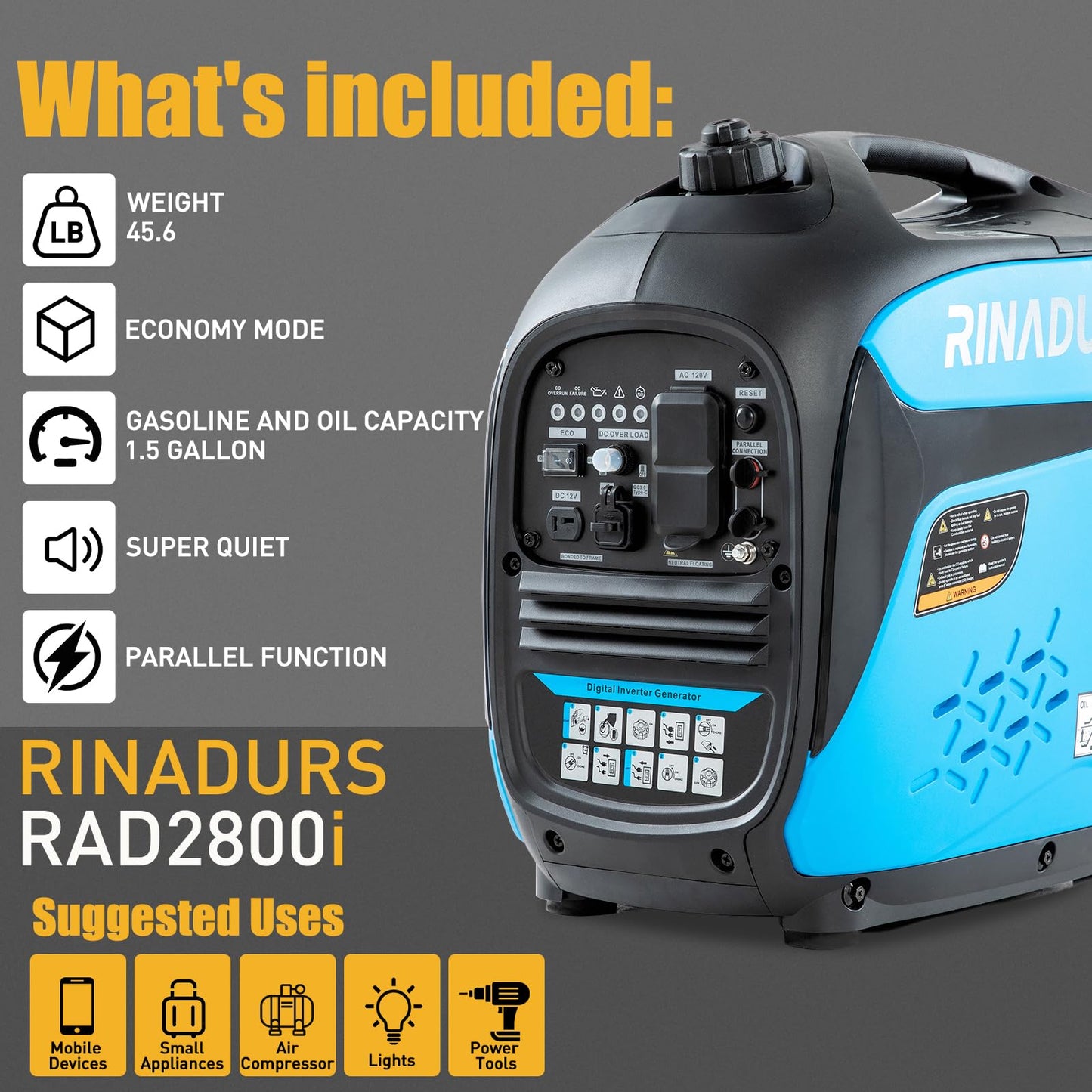 2800 Watt inverter generator, quiet and portable, suitable for home backup power, outdoor camping, and construction sites.EPA Compliant