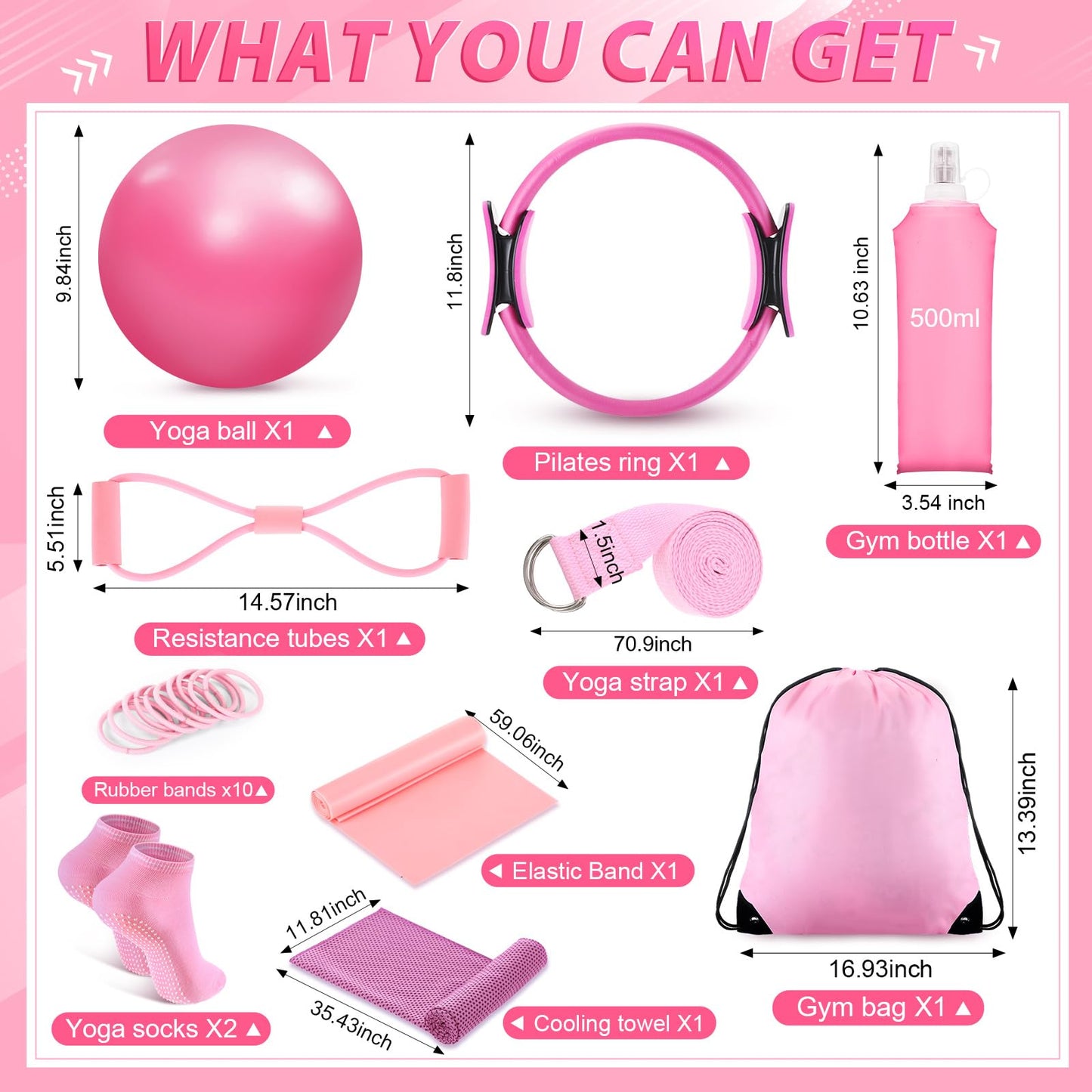 Halloscume 24 Pcs Pilates Kit, Home Pilate Equipment for Women, Pilates Ring and Ball Set with Stretching Strap, Water Bottle, Magic Circle, Yoga Ring, Gym Bag, Resistance Band, Anti Slip Sock(Pink)