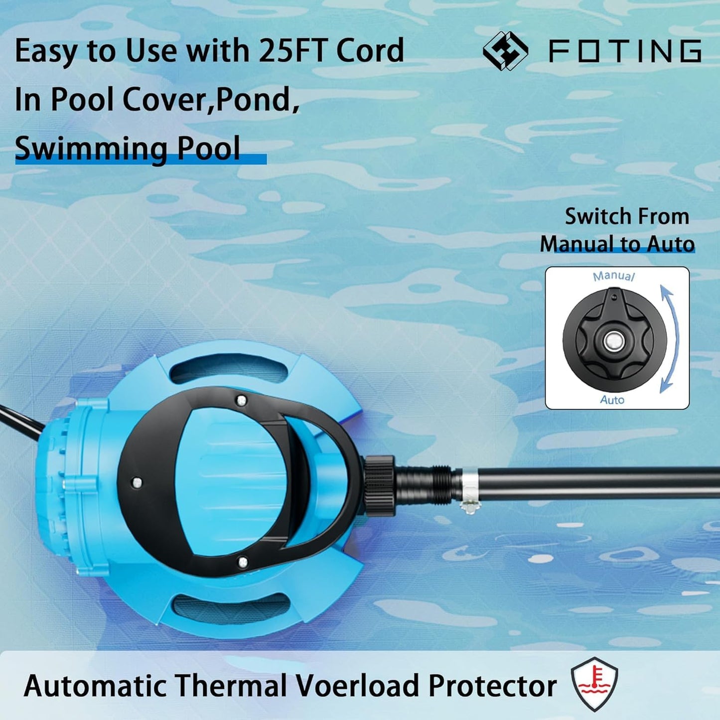 FOTING 1/3HP 2250GPH Automatic Swimming Pool Cover Pump,Submersible Water Pump, Water Removal with 3/4” Check Valve Adapter & 25ft Power Cord, Drainage for Ponds, Rooftops, Water Beds,Blue