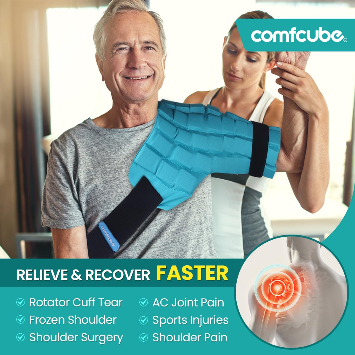 Comfcube Shoulder Ice Pack Wrap, 2 Hours Long Lasting Rotator Cuff Cold Therapy Flexible Shoulder Ice Pack for Injuries Reusable, FSA Eligible, Cold Pack for Tendinitis, Surgery, Swelling