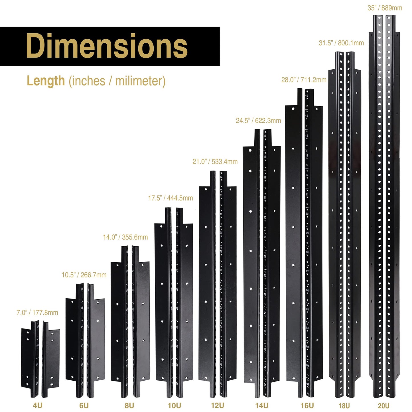 Sound Town 4-Pack 10U Steel Rack Rails, with Black Powder Coated Finish and Screws (ST-RR-10UX2)