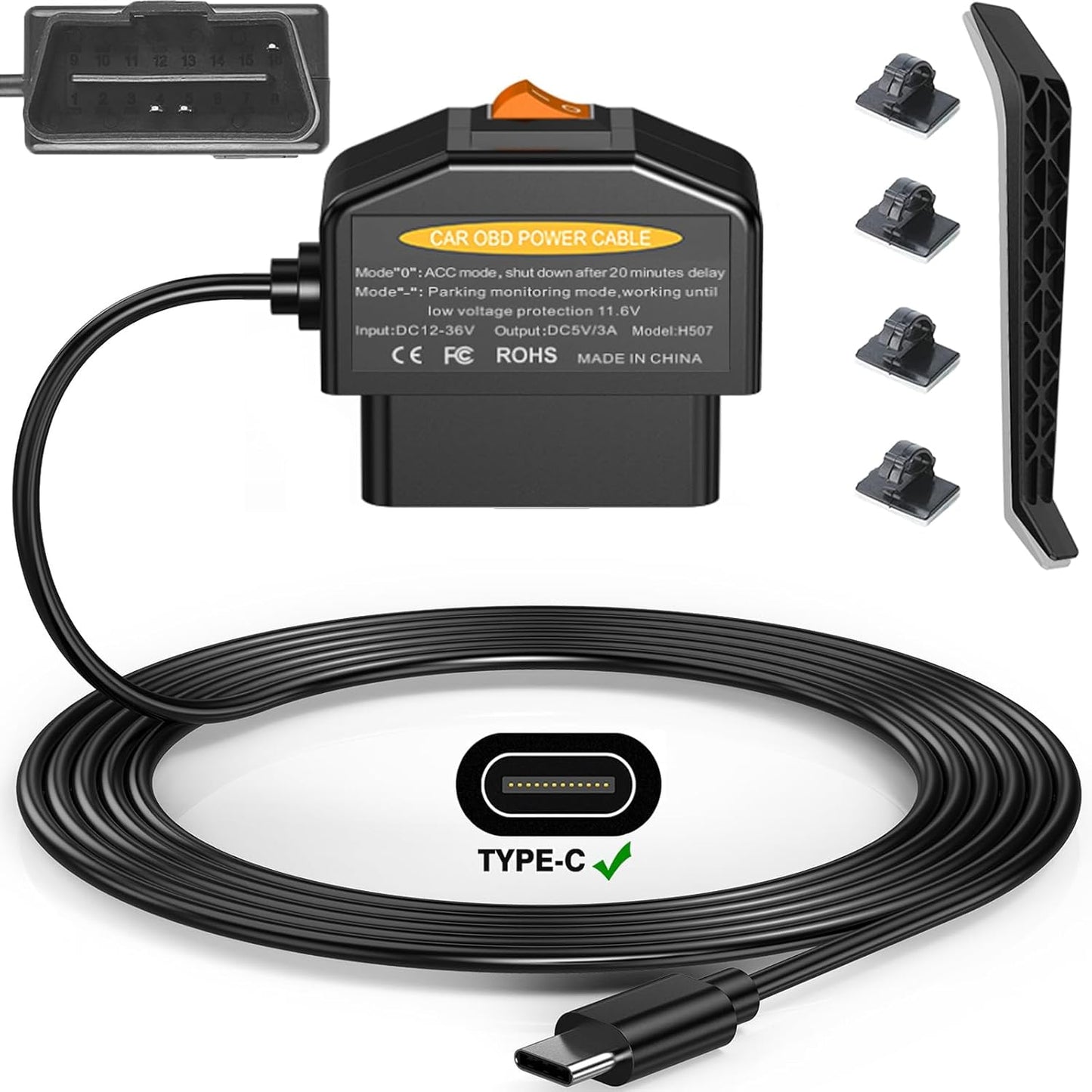 Redsia 12-24V 5V/3A 24h Dash Cam Hardwire Kit OBD, Dash Camera USB Type C Hardwire Kit OBD Power Charging Cable