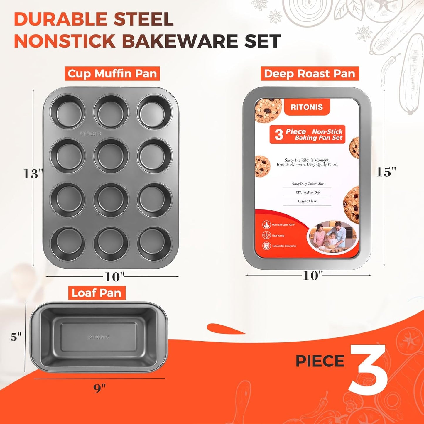 Skiennix 3-Piece Non-Stick Baking Pans Set - Stackable Bakeware with Baking Glove | Carbon Steel, Black