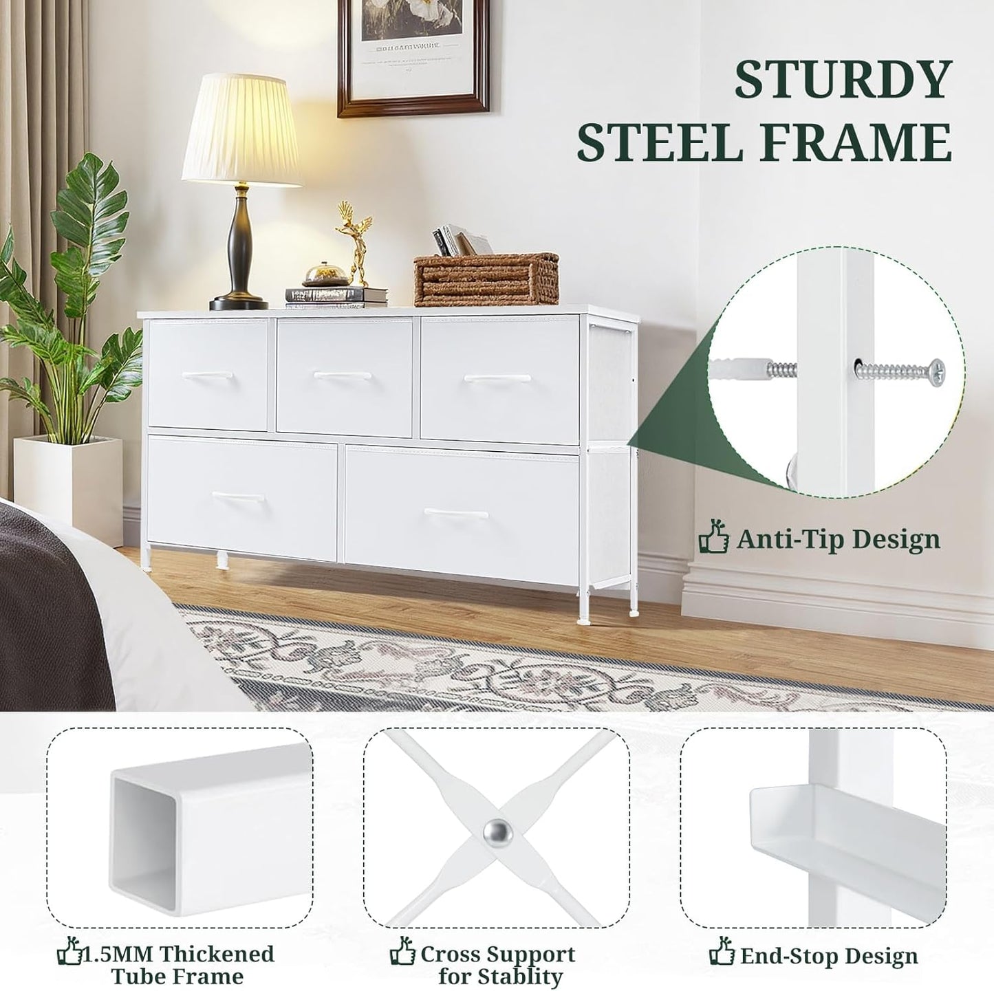 Regine Switzerland 5-Drawer Dresser - Anti-Tip Fabric Storage Organizer with Wooden Top | White Finish for Bedroom & Living Room
