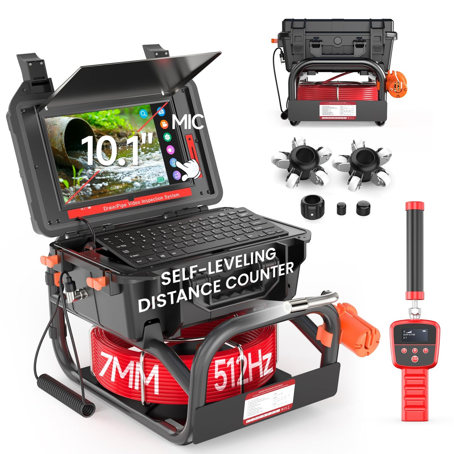 Oiiwak Sewer Camera with Locator 100ft, 7 MM Cable 10.1" 1080P Touch-Screen Sewer Pipe Inspection Camera with DVR for Drain Plumbing Pipe, 512 Hz Transmitter, Self-Leveling, Distance Counter, 12LEDs