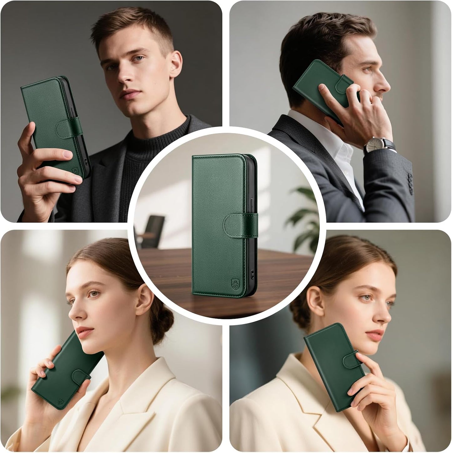 BoxCastle 15 15 6.1",Green Compatible with iPhone Genuine Leather Case Wallet with Card Holder,Women Men Real Leather